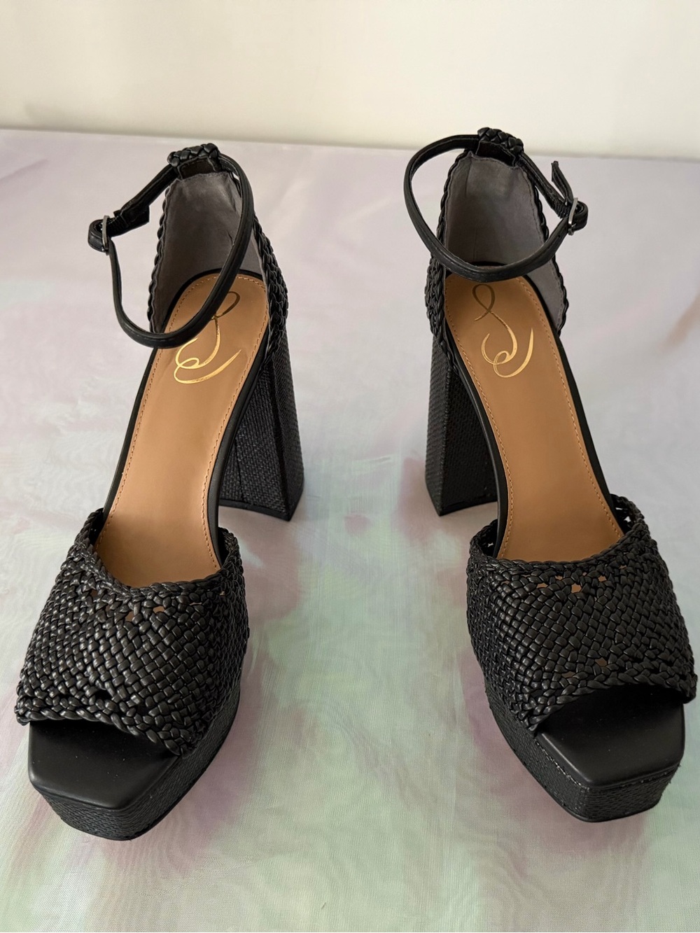 Sam Edelman Black Woven Platform Block Heel Sandals